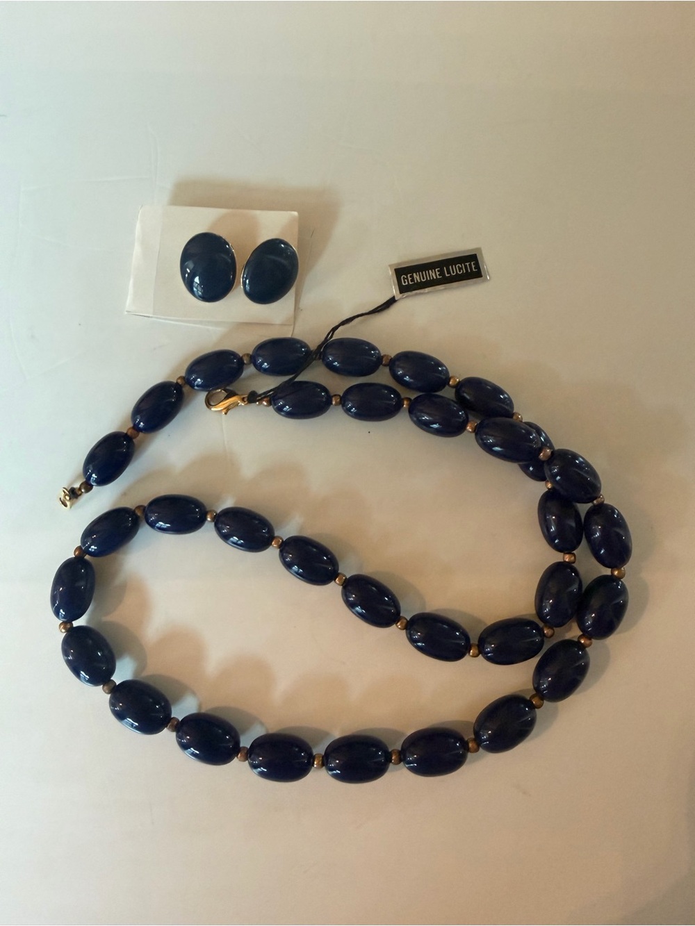 Navy Blue Vintage Lucite Oval Bead Necklace and Earring Set